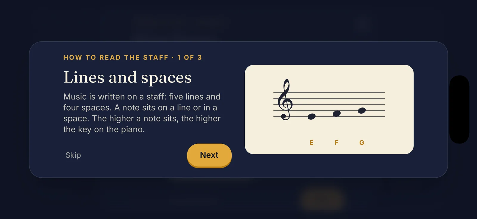 A short lesson explaining lines and spaces on the staff