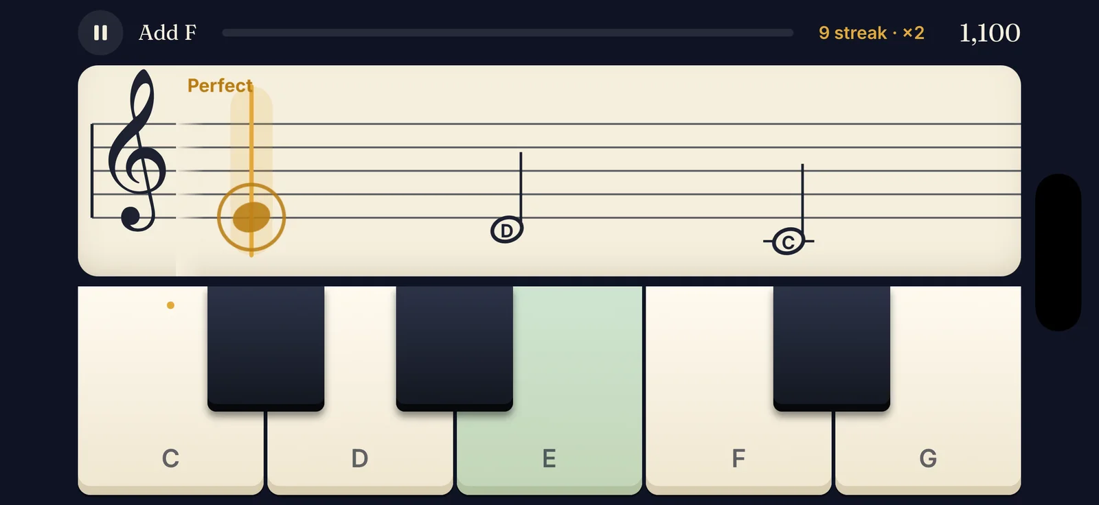 A Perfect hit with the E key lit green