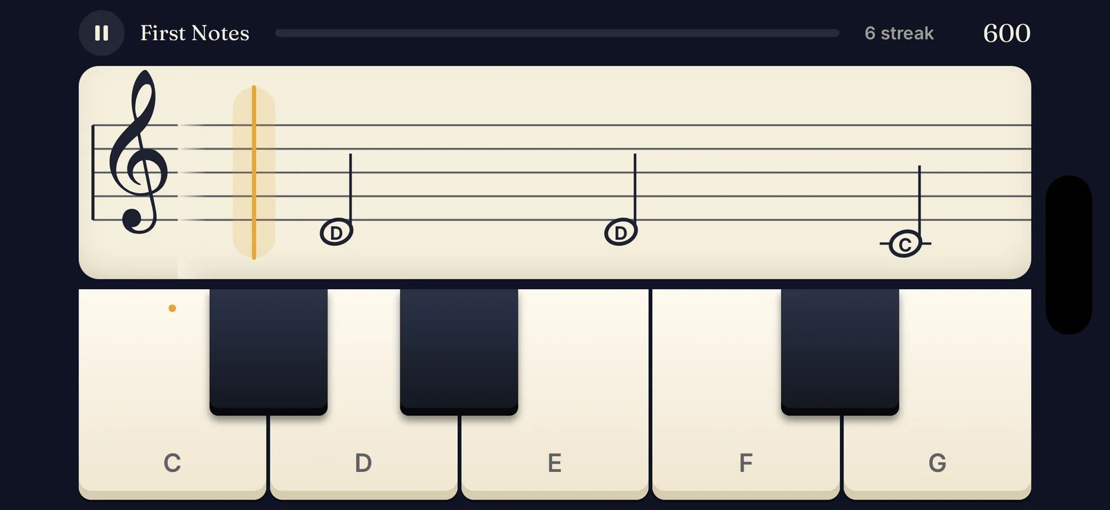 A stage in play with notes approaching the gold line