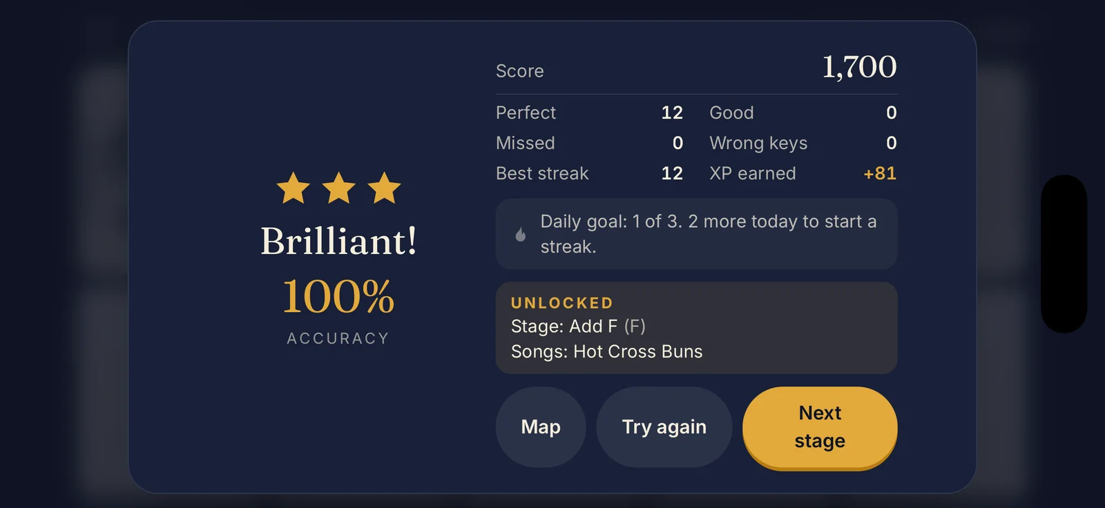Results screen showing three stars and 100 percent accuracy