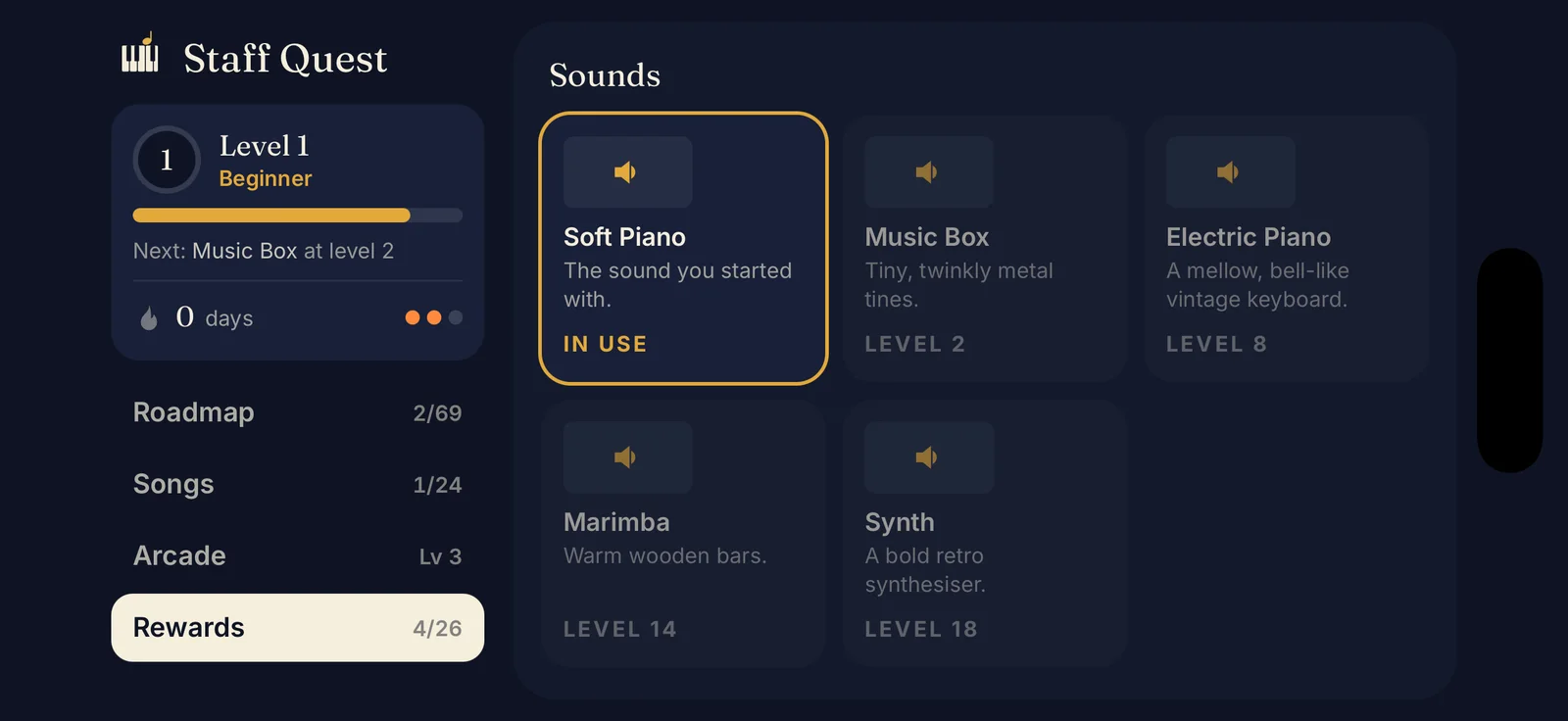 Rewards: unlockable piano sounds