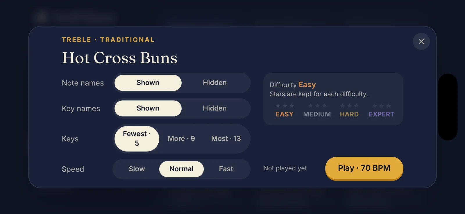 Song settings: note names, key names, keys and speed set the difficulty